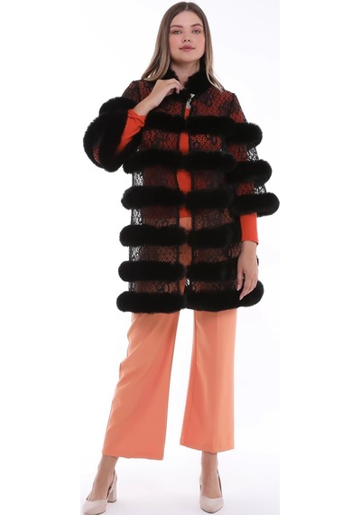 Furrier Suni Kürk Detaylı Dik Yaka Çiçek Desenli Dantel Yelek Siyah