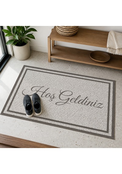 Kartela Halı Hoş Geldiniz Yazılı Çift Çerçeveli Kapı Paspası Açık Gri Kaymaz Kauçuk Taban 60x90 Cm