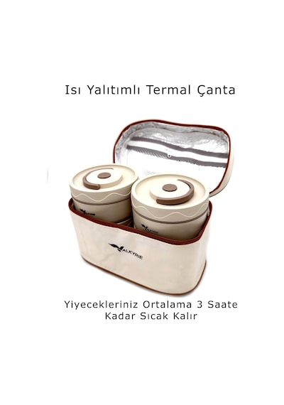 Valkyrie 4 Gözlü Paslanmaz Çelik Isı Yalıtımlı Yemek Kabı Seti Çantalı 304 Steel 2x 420ml + 2x 550ml Krem