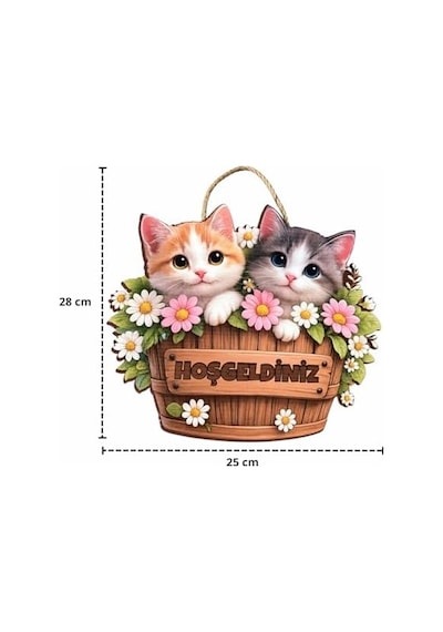 28-25 Cm Hoş Geldin Kedi Çiçek Dekorlu Ahşap Kapı Süsü, Kapı Bahçe Önü Süsü