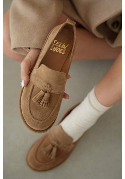 Selin Shoes Belluno Hakiki Deri Püsküllü Kadın Loafer- Vizon Süet