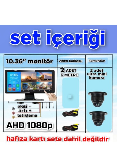 2 Adet 1080p Ahd 150'' Ultra Mini Metal Kasa Kamera 10.36'' Dokunmatik Dvr Ekran 12 V