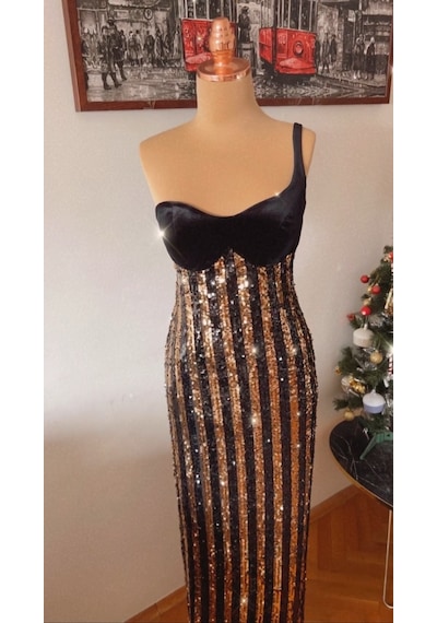 Chica Rosa Fashion Pullu Kloş Kısa Elbise Altın - Siyah
