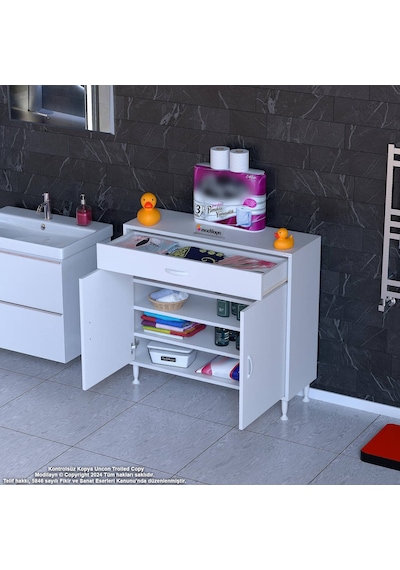 Modilayn Emir 90 X 88 X 32,5 Cm 1 Çekmece 2 Kapak 3 Raf 4 Bölme Çok Amaçlı Banyo & Mutfak Dolabı Beyaz