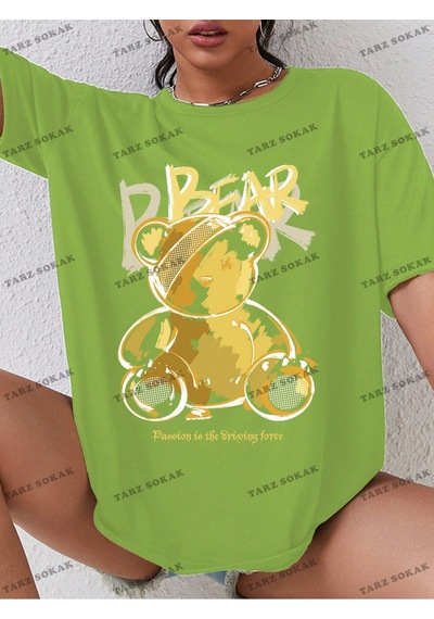 Noıssey Unisex Bay Ayı & Slogan Baskılı Kadın T-shirt Kod-1338 Yeşil