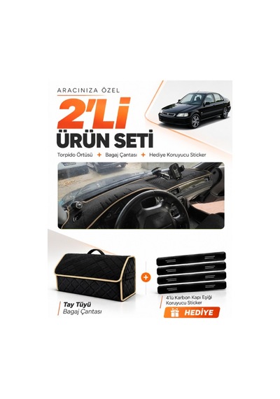 Honda Civic 1996-1998 Uyumlu Torpido Örtüsü + Tay Tüyü Bagaj Çantası + Sticker Seti - Siyah Bej