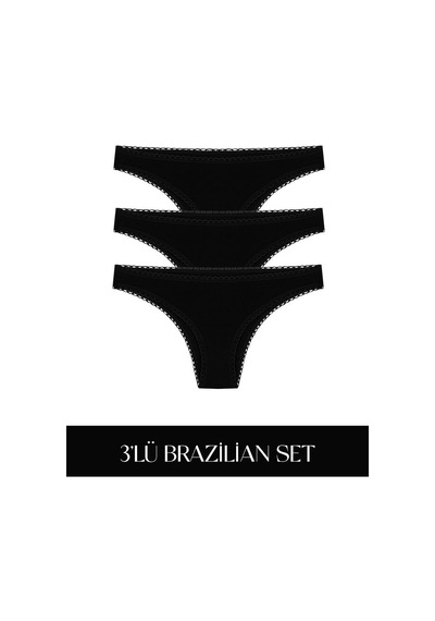 Cotvie Siyah Pamuklu Brazillian 3'lü Set Külot Siyah
