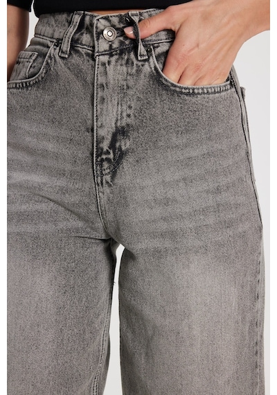 Tudors Kadın Relax Fit Rahat Kesim %100 Pamuk Cepli Geniş Paça Gri Jean Kot Pantolon-50736