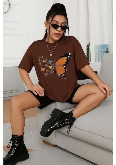 Kelebek Baskılı Oversize Unisex Tişört Kahverengi