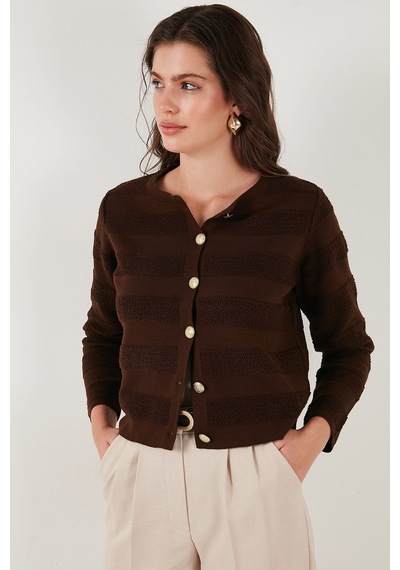 Lela Premium Regular Fit Bisiklet Yaka Düğmeli Dokulu Triko Bayan Hırka 680Hi00337 Kahve