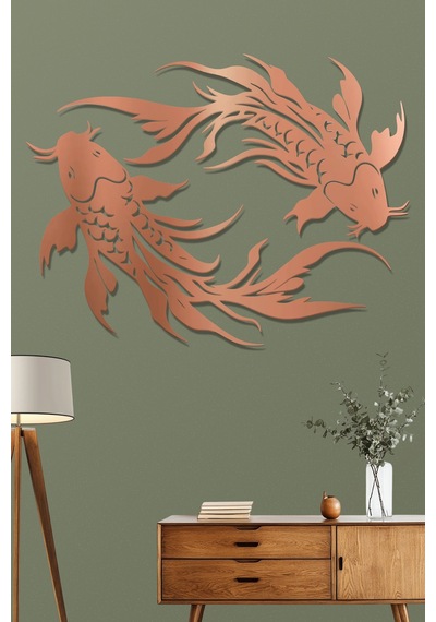 Koi Balıkları Metal Duvar Tablosu - Metal Duvar Sanatı - Bronz - 75 X 55 Cm