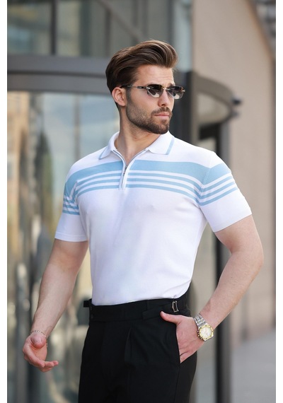 Madmext Beyaz Fermuarlı Polo Yaka Erkek Triko T-shirt E7407 Beyaz