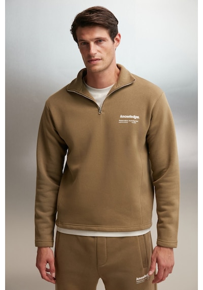 Grimelange Halden  Erkek Içi Polarlı Dik Yaka Yarım Fermuarlı Baskı Detaylı Regular Haki Sweatshirt