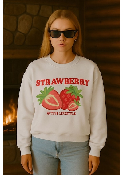 Benroma 3 İplik Penye Strawberry Baskılı Unisex Sweatshırt Beyaz