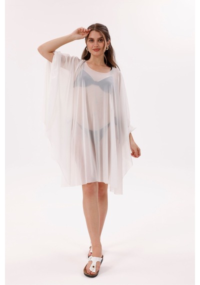 Tarzını Seç Kısa Kimono Pareo - Tesettür Pareo - Esnek Likralı Tül Beyaz 180x135 Cm Çok Renkli