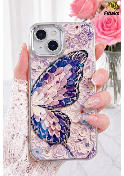 Fibaks iPhone 13/14 Uyumlu Kılıf Renk Geçişli Taşlı Kamera Lens Korumalı Simli Mor Kelebek Desenli Darbe Emici Kapak