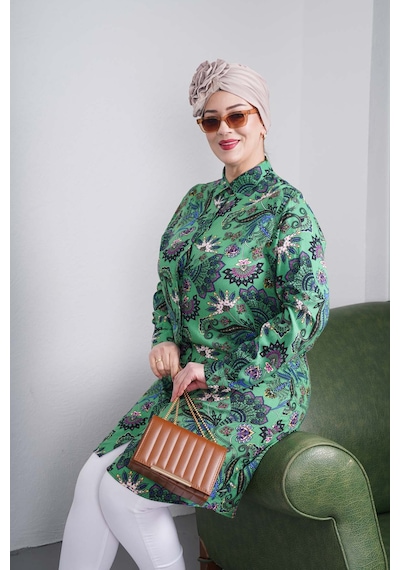 Polologin Butik Zümrüt Yeşil Bitki Desenli Gömlek Tunik Zümrüt Yeşili