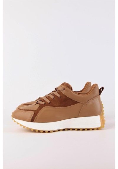 Sara Taba Hakiki Deri Bağcıklı Kadın Sneaker-Taba