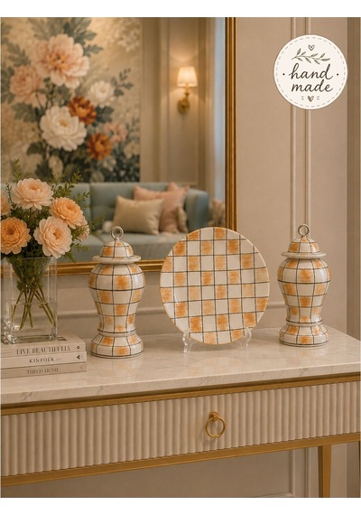 Dekoratif Obje, Hand Made El İşi Salon Seti Şah Kapaklı Tabak Damalı Kahverengi Gümüş