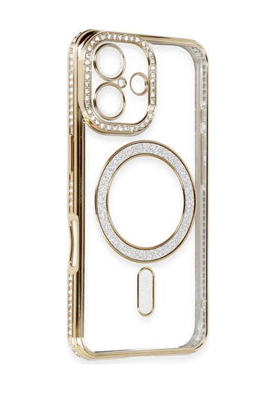Apple iPhone Uyumlu, 16 Kılıf Joke Simli Magneticsafe Kılıf - Gold