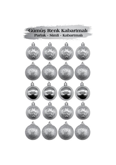 5 Cm Gümüş Simli Kabartmalı Yılbaşı Top Süs 20 Parça Dekoratif Ağaç Ve Parti Süsü Seti Diğer