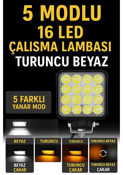 16 Led 5 Modlu Flaşlı Turuncu Beyaz Çalışma Lambası