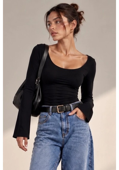 Bbbutikbasic Kadın U Yaka İspanyol Kol Uzun Kollu Slim Fit Bluz My3535 Siyah
