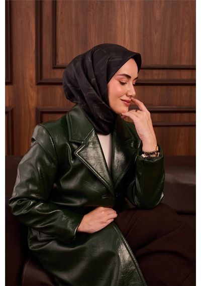 Silk Home Twill İpek Eşarp Koyu Yeşil Yeşil Yeşil Gri Desenli Tok Duruşlu 90x90 Çok Renkli
