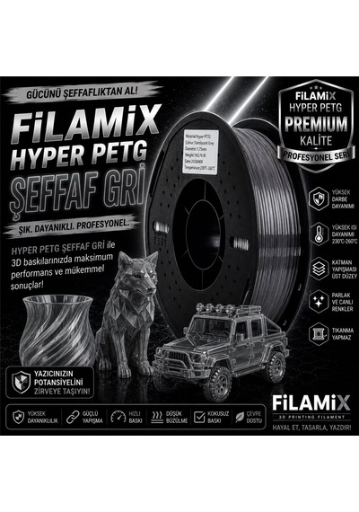 Filamix Hyper Petg Şeffaf Gri Filament 1.75mm 1kg Plastik Makara