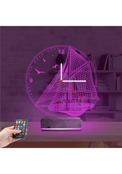 Luvivia Gemici Kaptan Denizci Yelkenli V2 Saatli 3d Lamba - Masa Gece Lambası Şeffaf