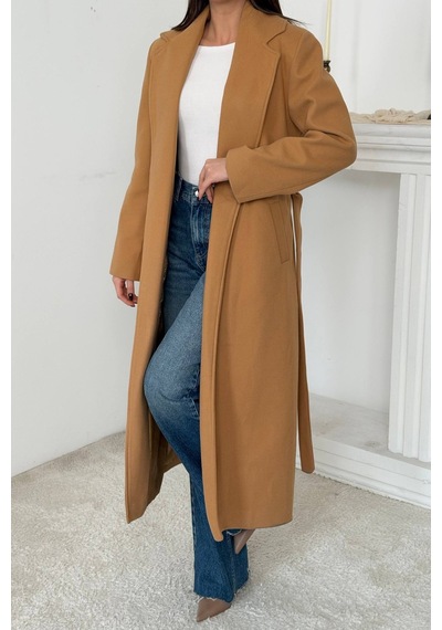 Alemdarshop Camel Kuşaklı Midi Kaban