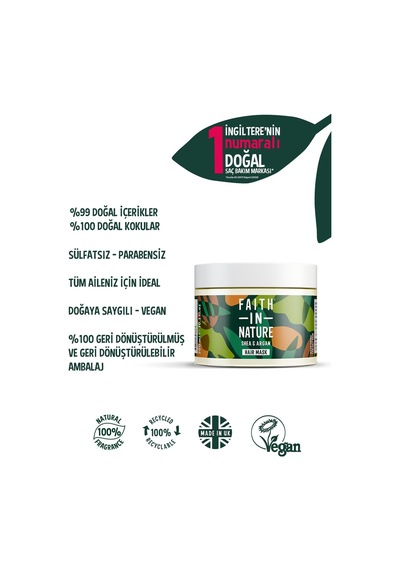 Faith in Nature %99 Doğal Besleyici Shea & Argan Çok Kuru Saç Tipleri İçin Saç Bakım Maskesi 300 ML