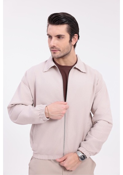 Erkek Gabardin Kumaş Fermuarlı Oversize Mevsimlik Ceket-144 Bej