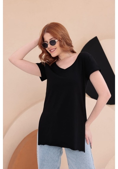 Bbbutikbasic Yırtmaçlı Uzun Basic Tişort Hkn34 Siyah