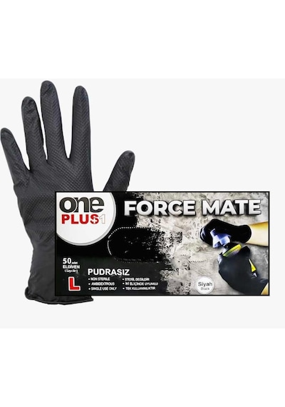 One Plus Force Mate Tırtıklı Nitril Pudrasız Eldiven Siyah 50 Adet