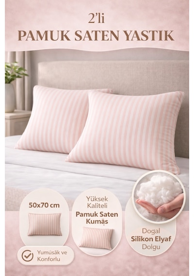 Yüksek Kalite 2 Li Saten Yastık Seti 82 Tel Pamuk Saten & Saf Silikon Dolgu Pembe