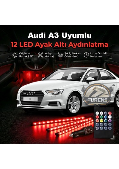 Audi A3 Uyumlu Rgb Ayak Altı Led 12 Led Kumandalı Müzik Duyarlı Araç İçi Aydınlatma 7 Renk 12v 1