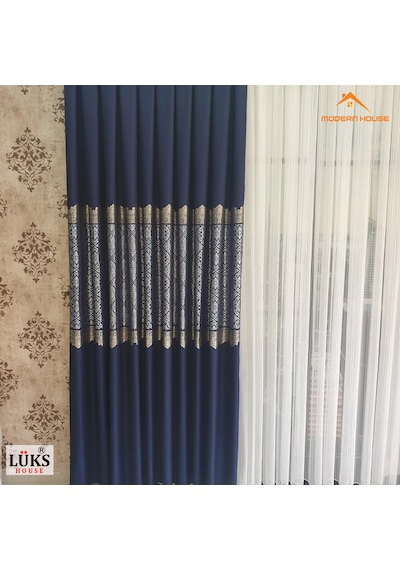 Lüks Lacivert Fon Pano Perde Sık Pile Tek Kanat - Modern House Lacivert