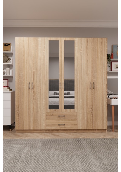 Asra Trend 6 Kapaklı Gardırop G-05 %100 MDF 2 Çekmeceli Aynalı Elbise Dolabı Sonoma