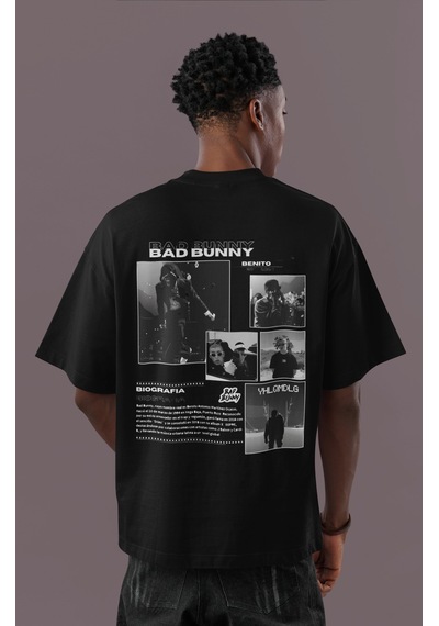 Sevbano Tasarım Bad Bunny Sırt Baskılı Unisex Oversize Rapper Şarkıcı Tiş Siyah