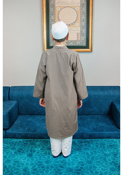 Açık Kahverengi Buhara Yaka Namaz Elbisesi Erkek Çocuk Cübbe Kahverengi
