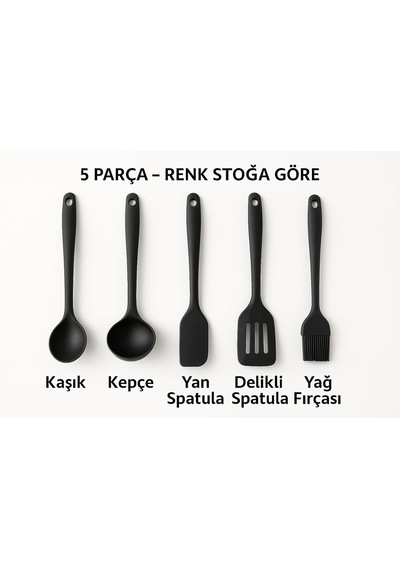 5'li Silikon Mutfak Seti Kaşık, Kepçe, Spatula, Yağ Fırçası Renkli Pişirme Seti Isıya Dayanıklı Mut Diğer