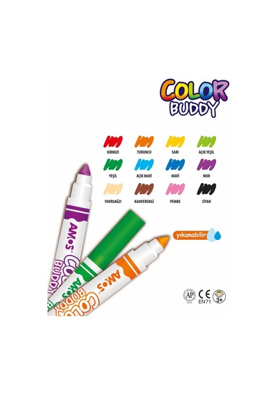 Amos Color Buddy - 10 Renk Keçeli Kalem Yıkanabilir