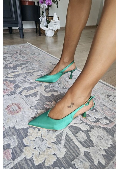 10 44 Topukla Kadın Arkası Açık Kadeh Topuklu Stiletto Abiye Ayakkabı Yeşil Saten