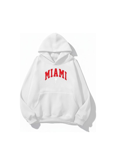 Uyguntarz Unisex Yumuşak Dokulu Miami Baskılı Tasarım Oversize 3 İplik Hoodie Sweatshirt beyaz