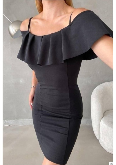 Lior Design Kadın Sade Madonna Yaka Volanlı Abiye Elbise Siyah