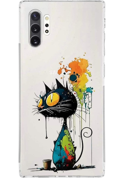Samsung Galaxy Note 10 Plus İle Uyumlu Splash Kedi Tasarımlı Şeffaf Silikon Kılıf Şeffaf