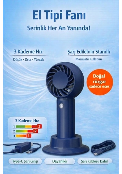 Jasper Sr-0034 Lacivert Taşınabilir Standlı Serinletici Fan 3 Hız Ayarlı , Typ-c Şarjlı Fan Masaüstü Fan Vantilatör 2w-5