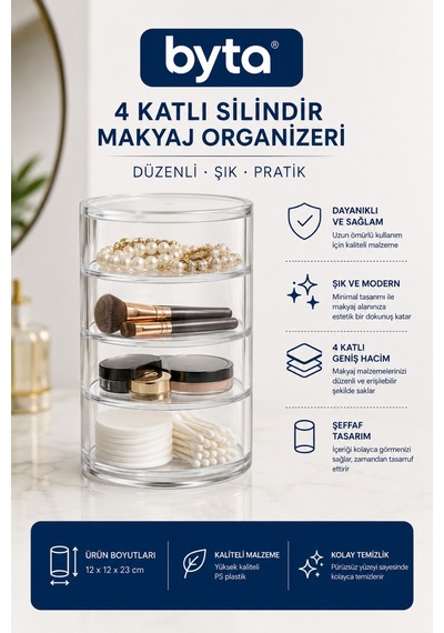 4 Katlı Şeffaf Silindir Makyaj Organizeri Kozmetik, Takı Ve Aksesuar Düzenleyici Şeffaf