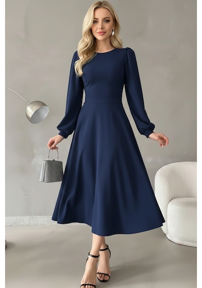 Defymoda Kadın Gün Boyu Rahat Midi Elbise Lacivert